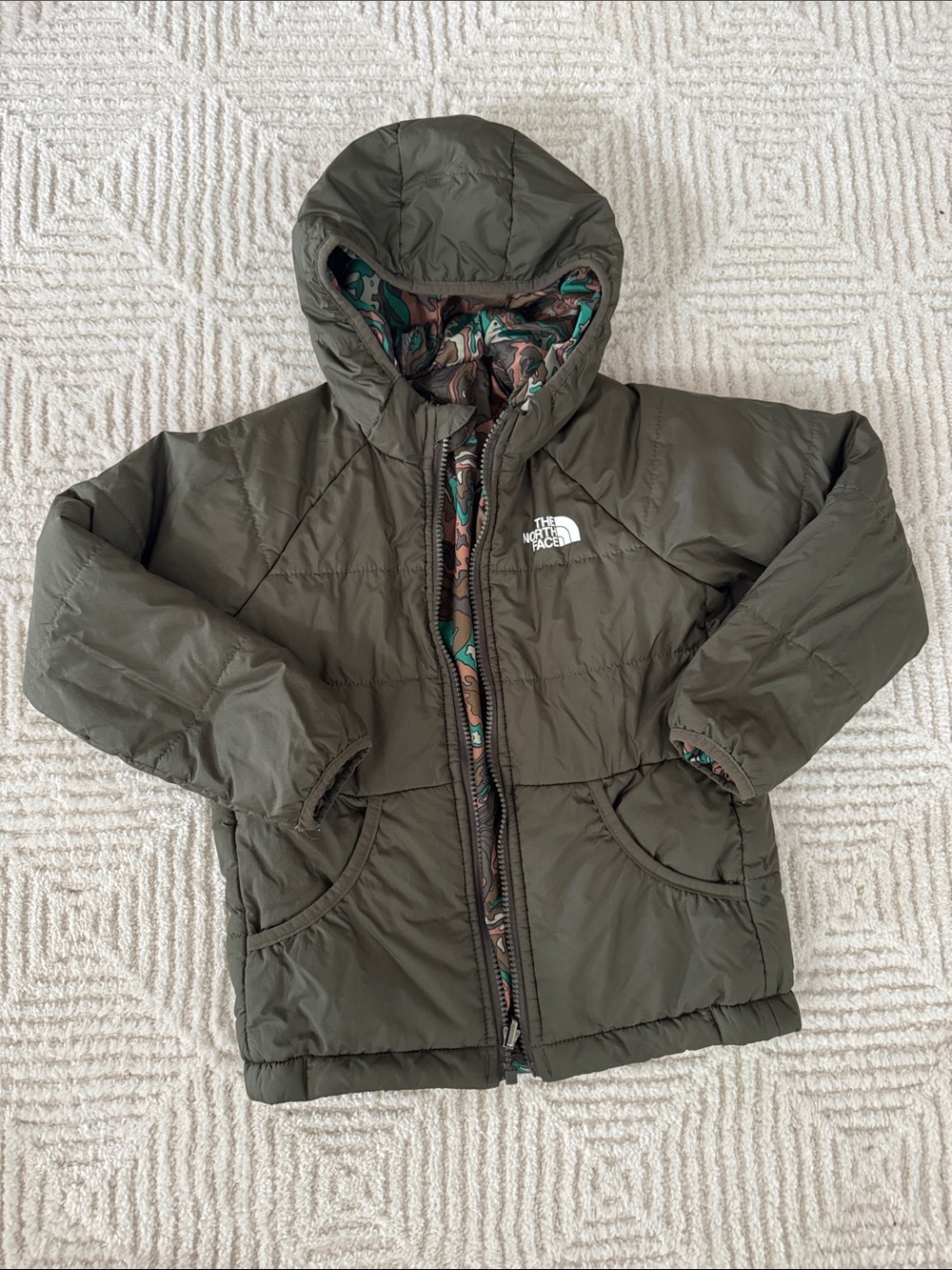 The North Face Olive Hooded Puffer with Camo Printed Lining